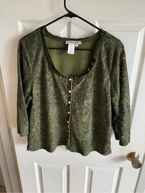 Coldwater Creek Olive Green Lace-Overlay Button Front Top